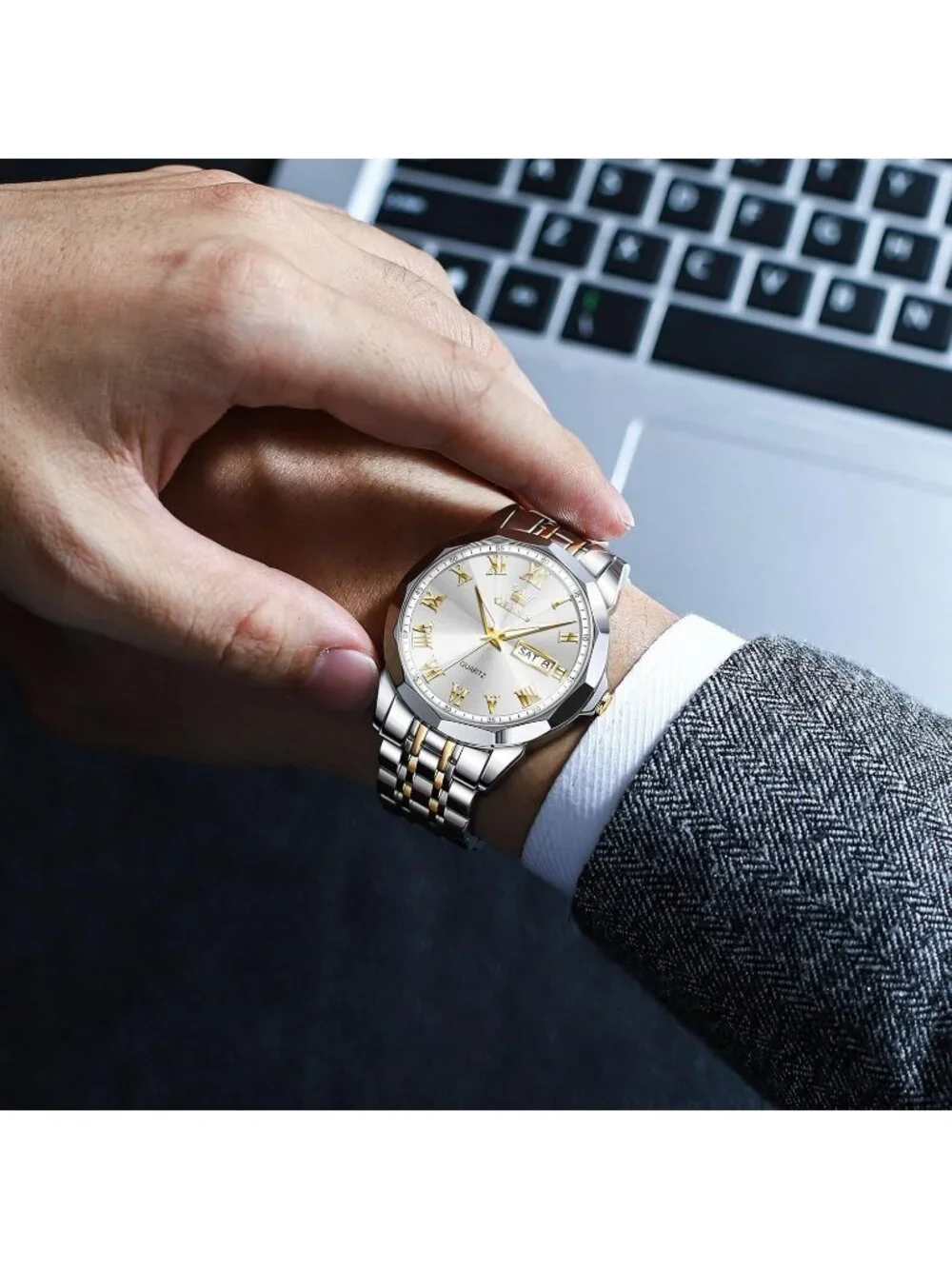 Mens Silver Gold Analog Quartz Numerals Classic Luxury Luminous Waterproof Watch